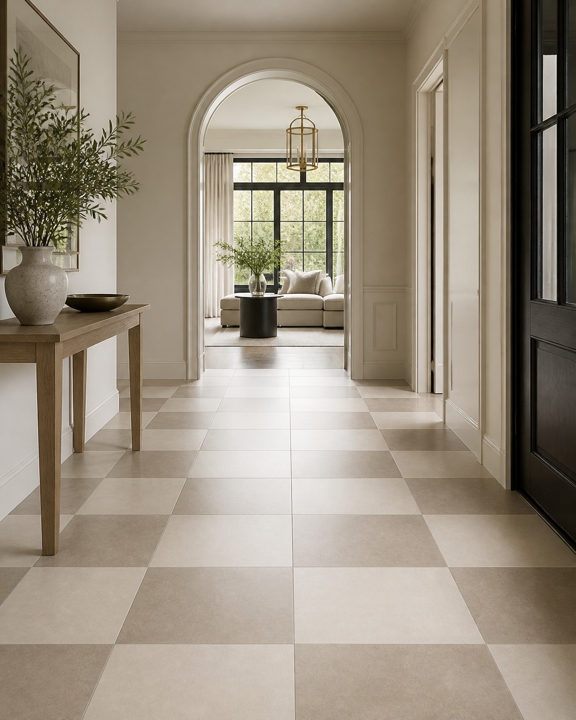 Cream-and-taupe checkerboard porcelain floor centred through an arched foyer