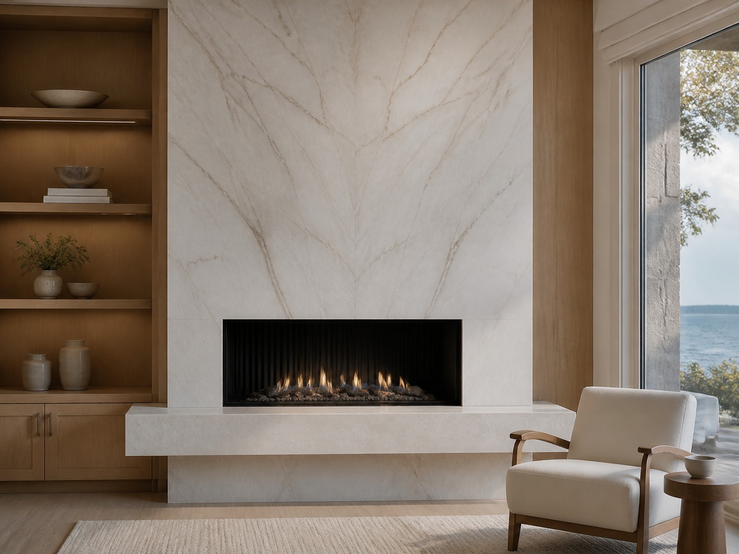 Bookmatched porcelain-slab fireplace design with a pale floating hearth