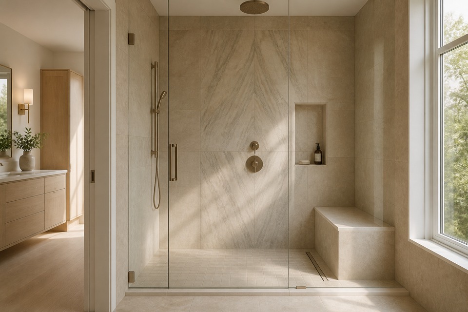 Room view of a warm stone-look shower with bookmatched panels, a niche, bench and linear drain