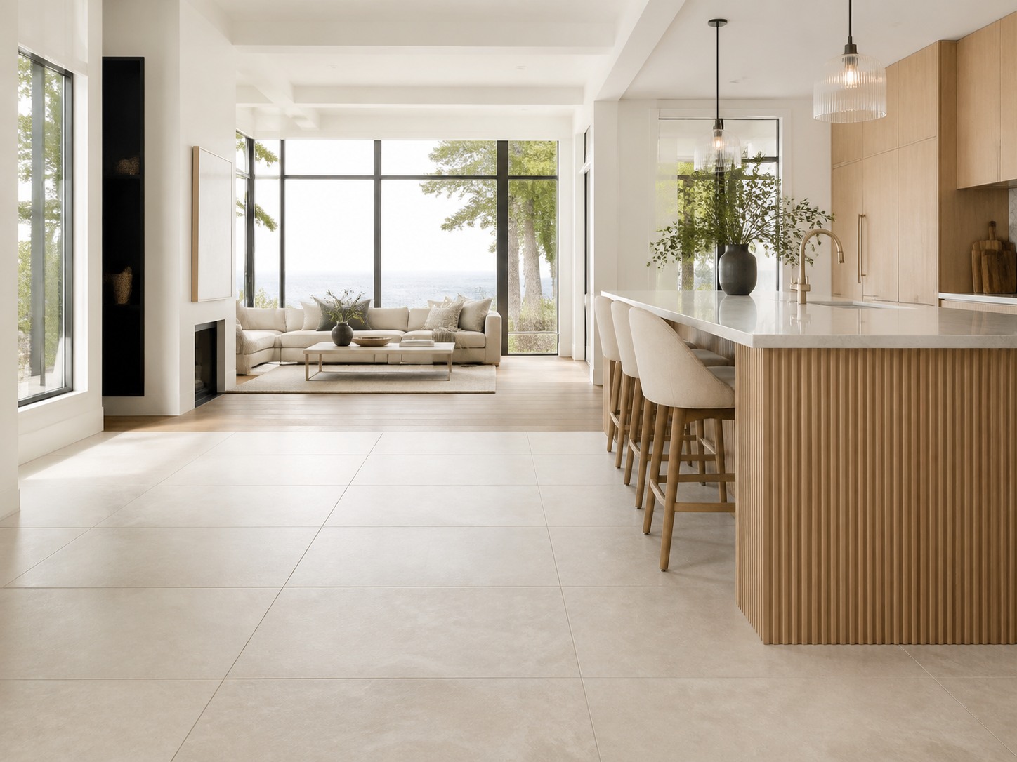 Open-plan kitchen design with a pale porcelain floor and natural light