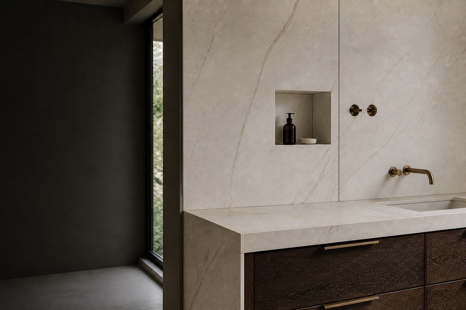 Full-height porcelain slab fireplace surround in Milton ON