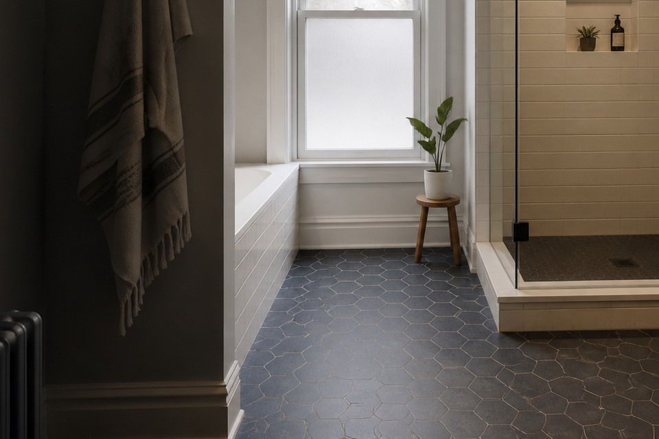 Detailed view for Tile installation in Hamilton showing tile cuts, grout joints and surface transitions