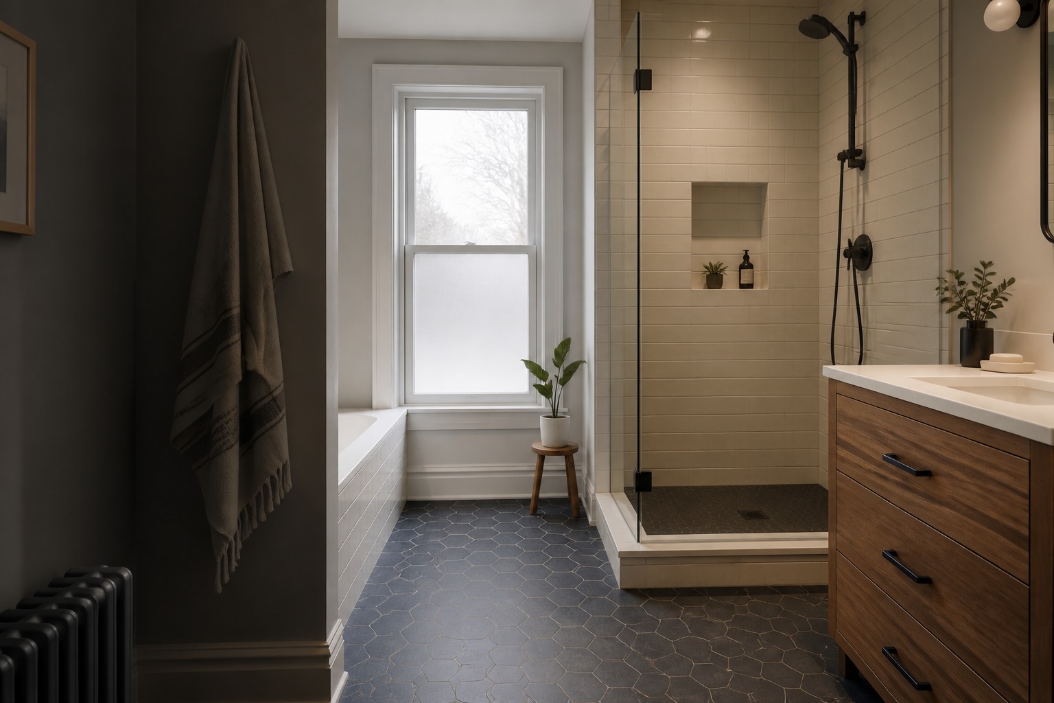 Tile installation in Hamilton room view showing tile scale, joint layout and adjoining finishes