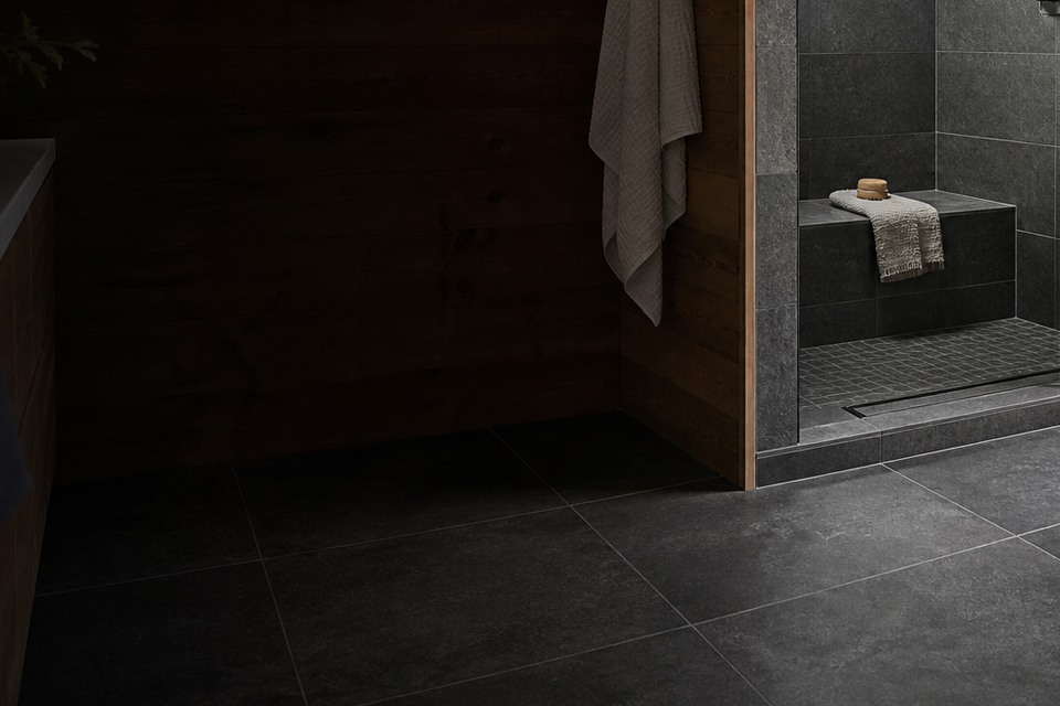 Detailed view for Tile installation in Muskoka showing tile cuts, grout joints and surface transitions