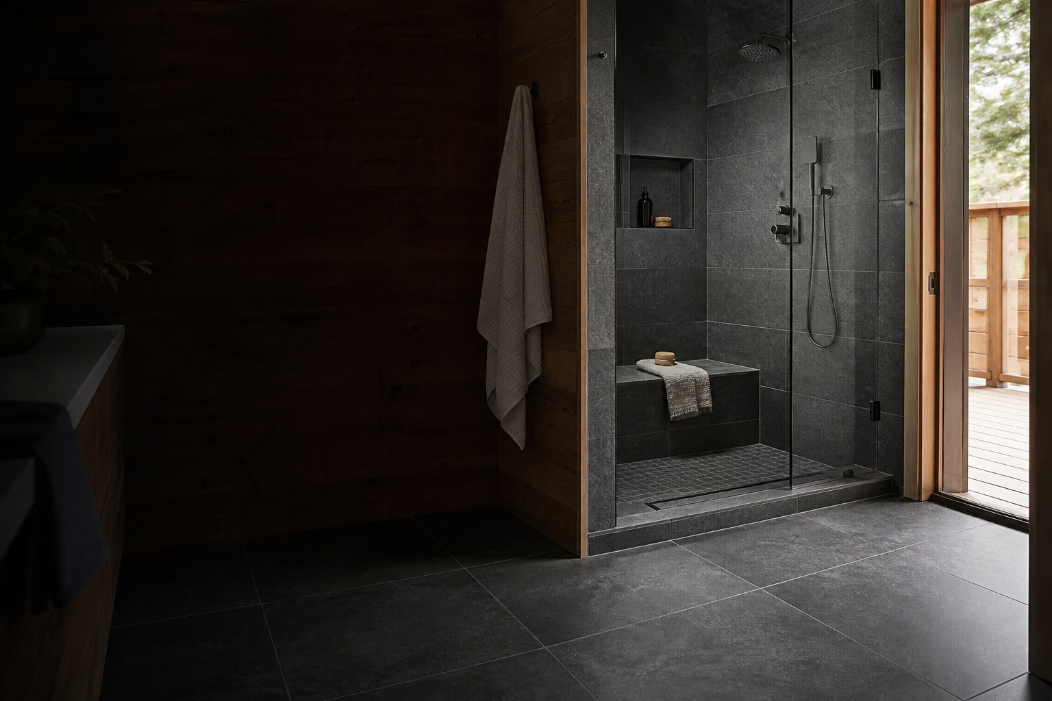 Tile installation in Muskoka room view showing tile scale, joint layout and adjoining finishes