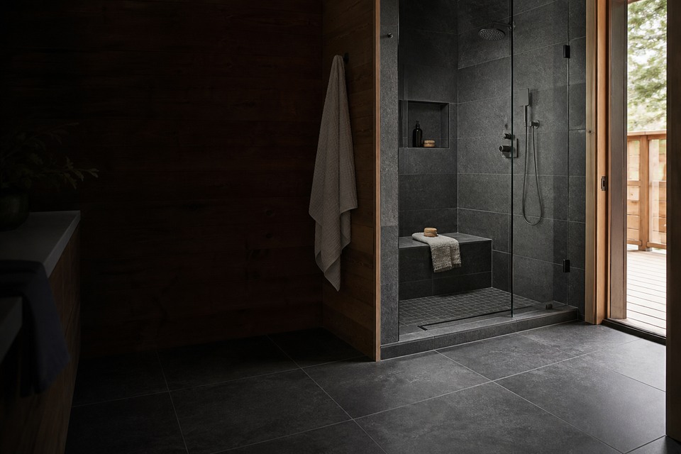 Tile installation in Muskoka room view showing tile scale, joint layout and adjoining finishes