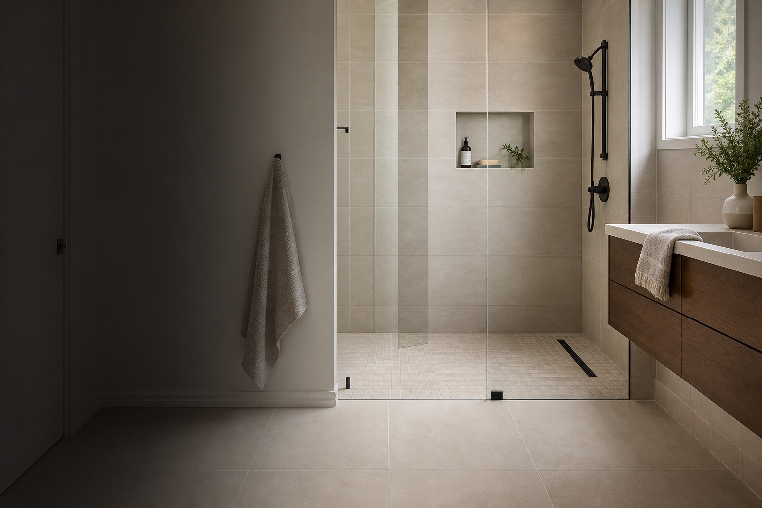 Tile installation in Pickering room view showing tile scale, joint layout and adjoining finishes