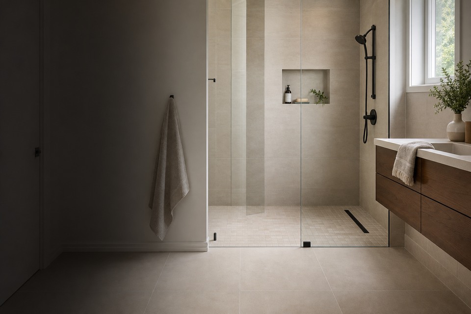 Tile installation in Pickering room view showing tile scale, joint layout and adjoining finishes
