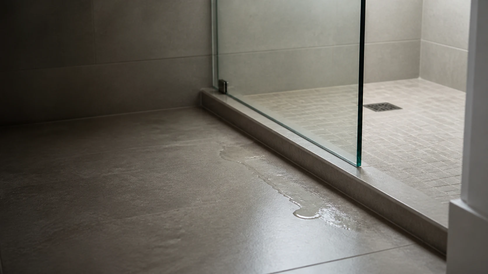 A small wet patch on the bathroom floor outside a tiled shower threshold
