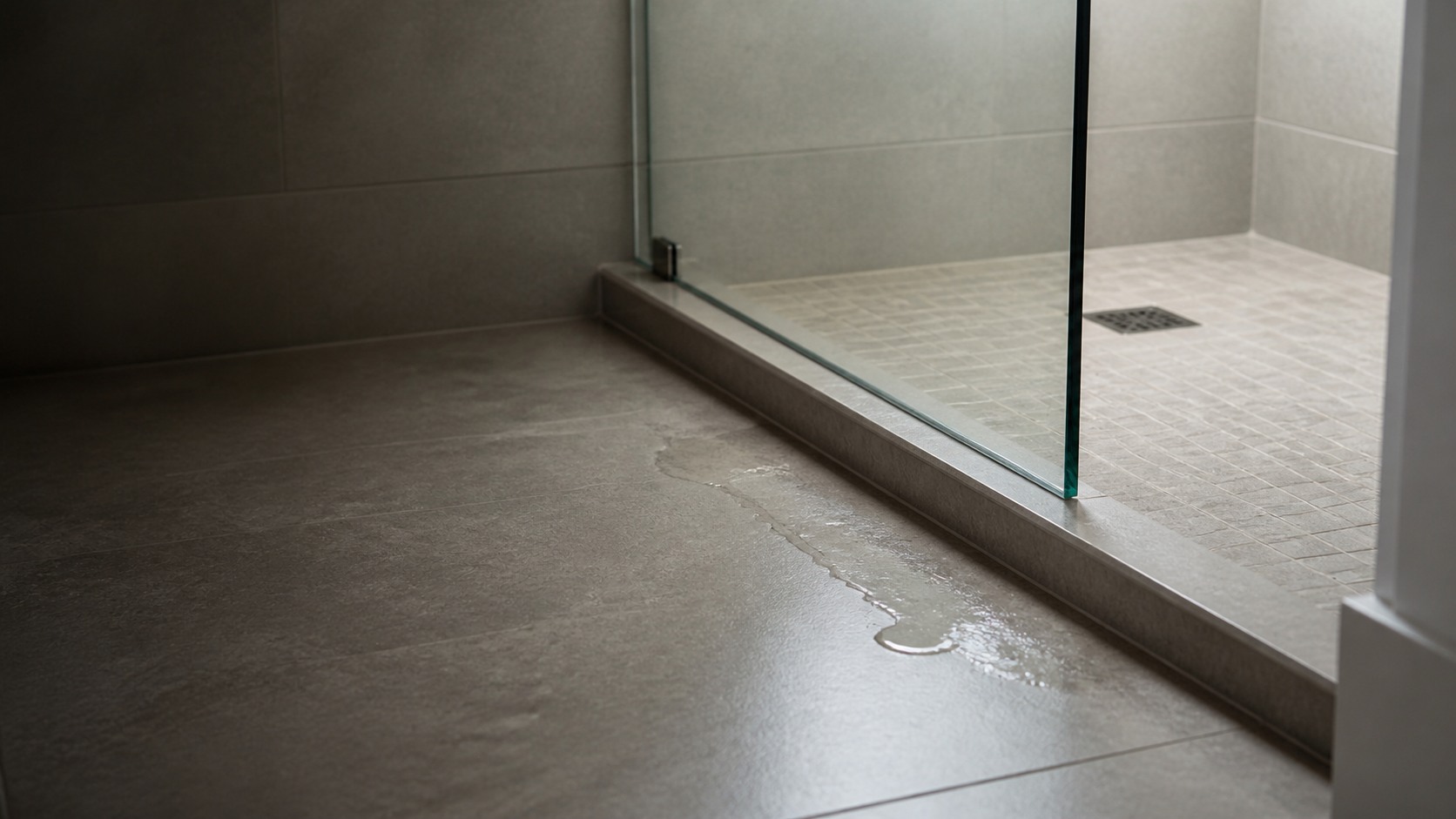 A small wet patch on the bathroom floor outside a tiled shower threshold
