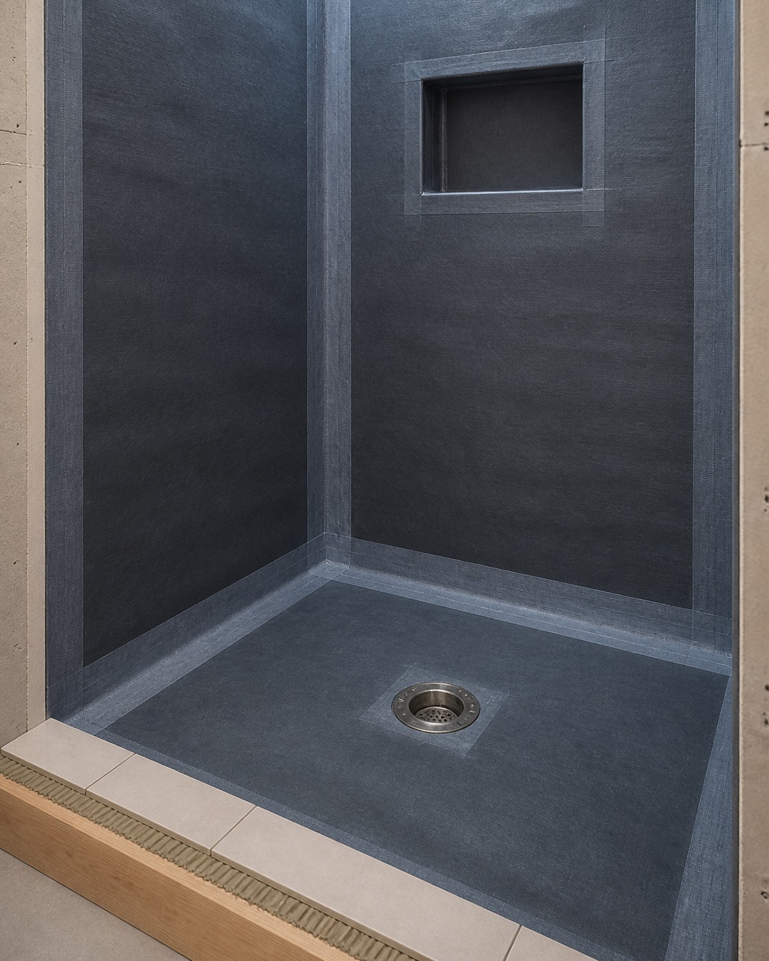 Construction-stage tiled shower assembly with a waterproofing membrane, reinforced seams, niche and drain