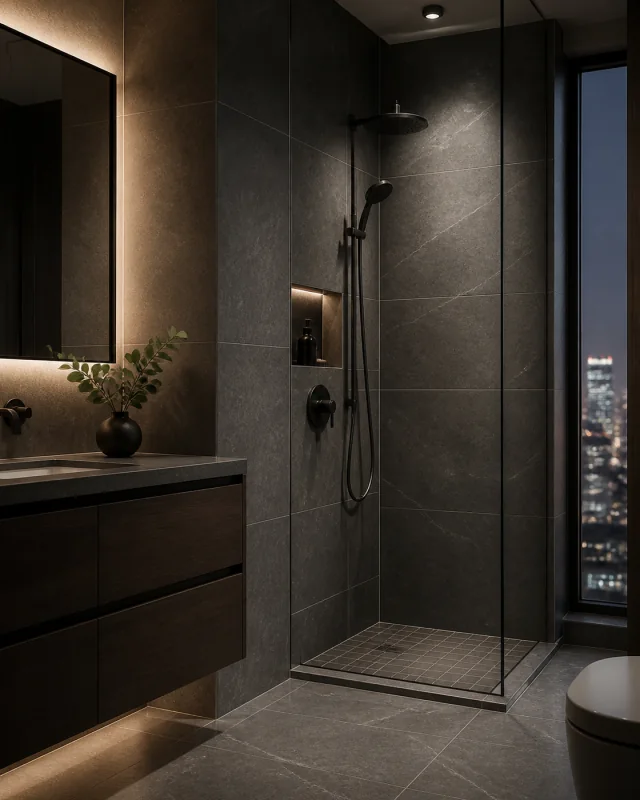 Dark contemporary tiled bathroom with a narrow city view