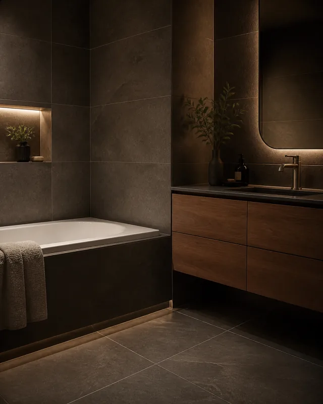 Dark contemporary tiled bathroom with a freestanding bath and warm vanity lighting