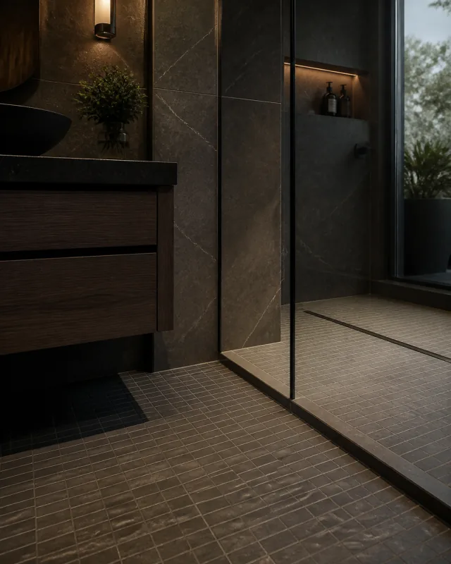 Dark bathroom detail showing a tiled shower threshold, mosaic floor and linear drain