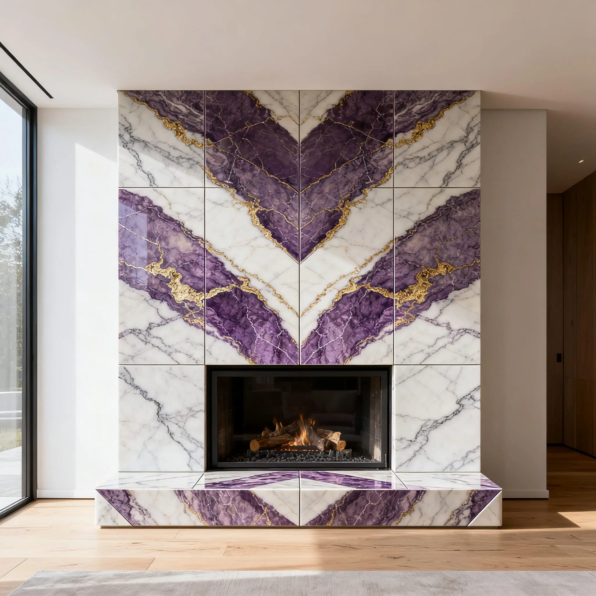 Fireplace surround with mirrored veining