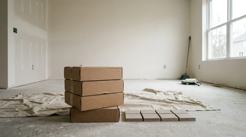 Unopened tile boxes stacked in a clean room beside a small row of loose spare tiles