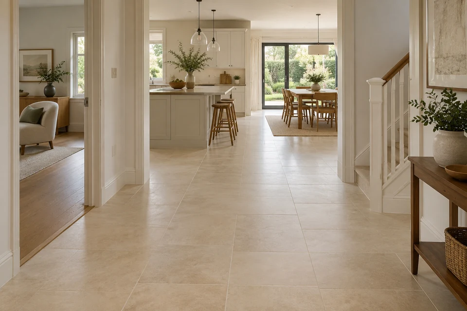 Pale tile flooring links a hall, kitchen and dining area beside a doorway to a wood-floored room