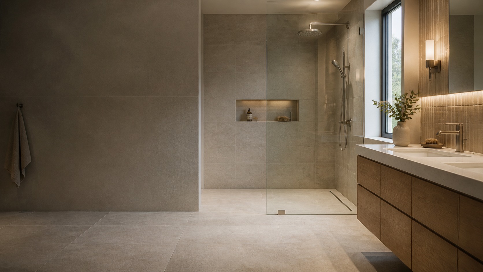 Bathroom concept with warm limestone-look tile, a curbless shower and oak vanity