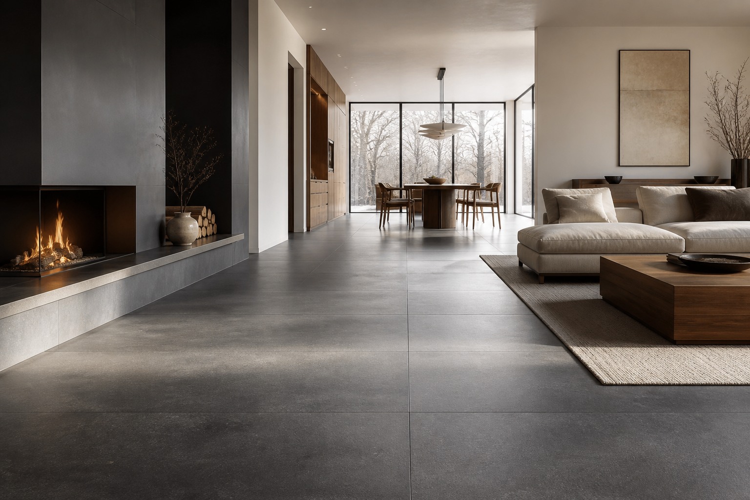 Charcoal large-format porcelain floor through a modern living and dining room