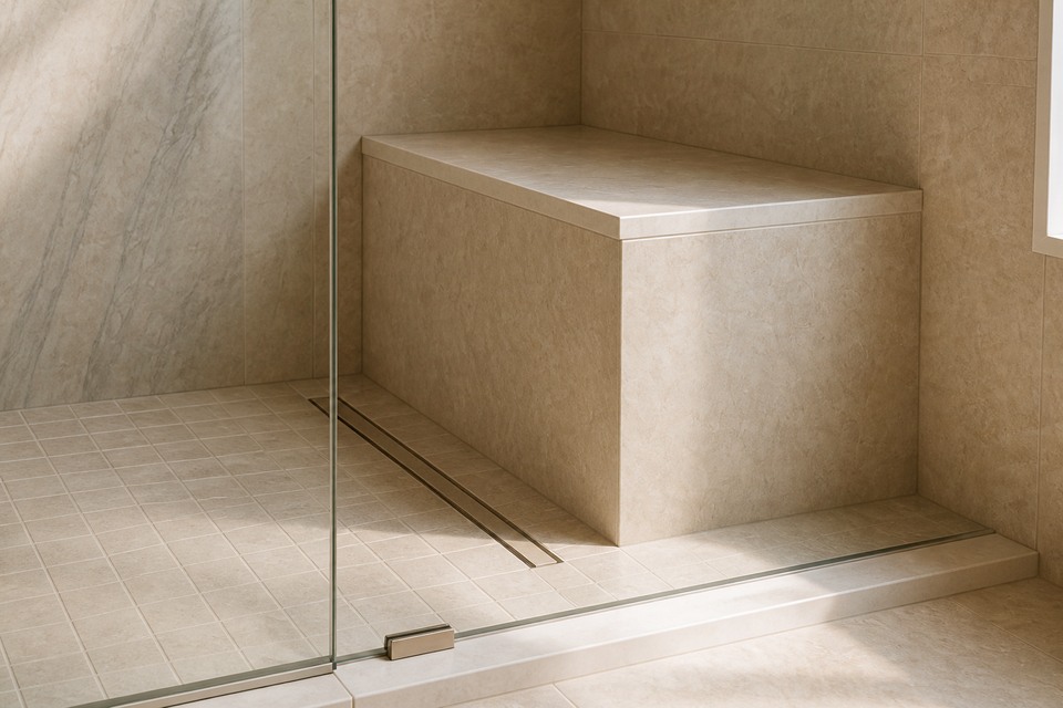 Close view of a tiled shower bench, mosaic floor, glass edge and linear drain