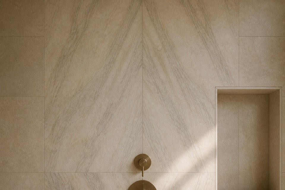 Close view of mirrored stone-look veining beside a framed shower niche