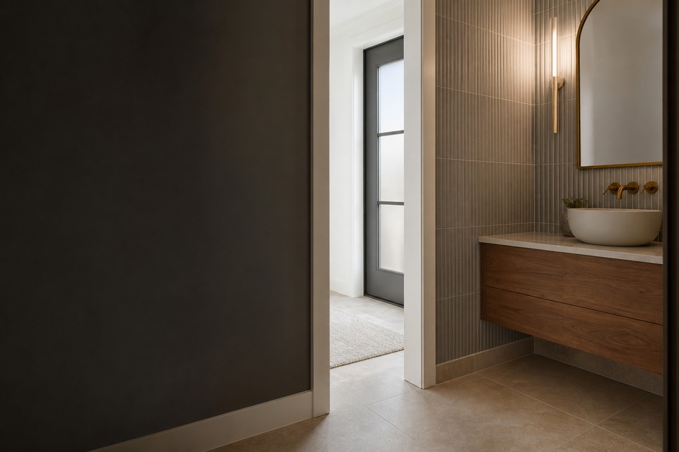 Tile installation in Milton room view showing tile scale, joint layout and adjoining finishes