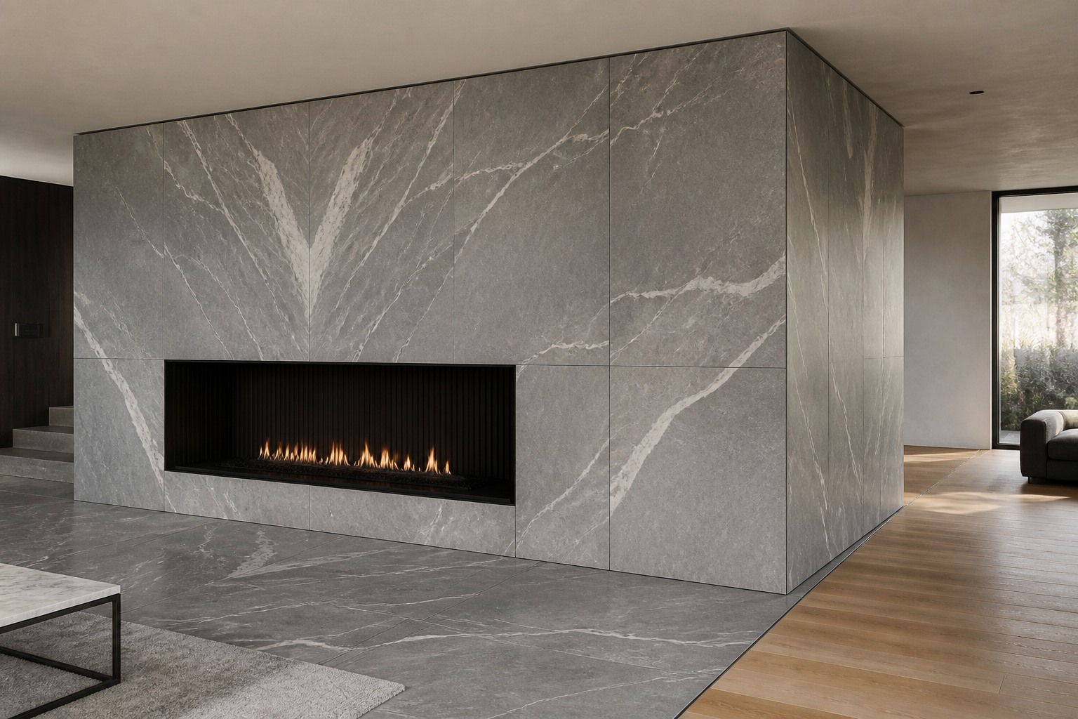 Room view of a grey porcelain-panel fireplace with wrapped returns and a floor-to-wood transition