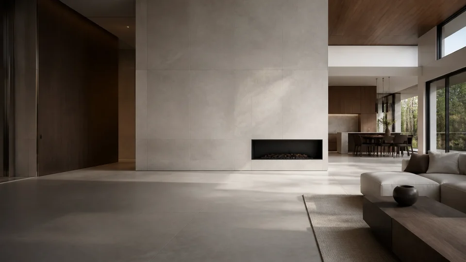 Room view of large-format architectural porcelain floor in modern open living space