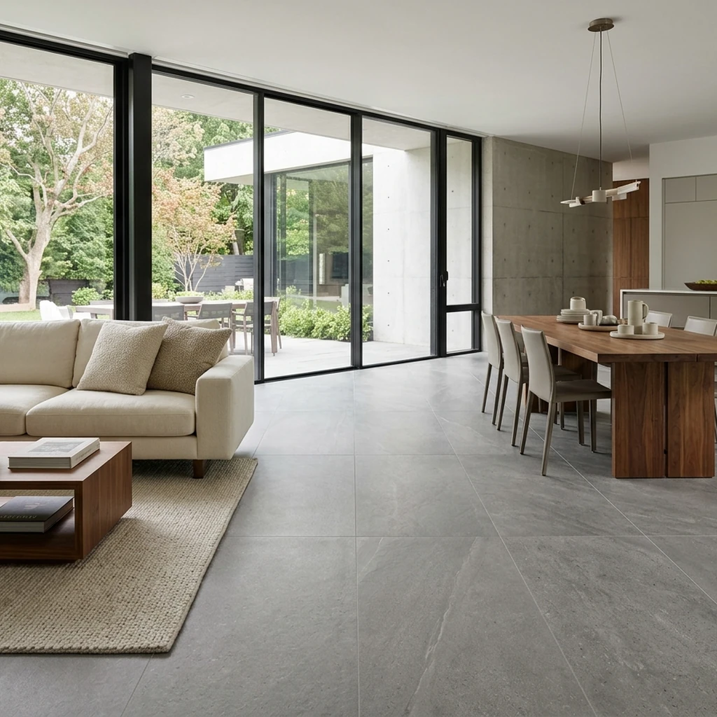 Large-format architectural porcelain floor tile in open-concept living space