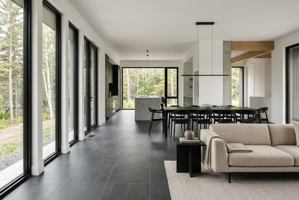 Charcoal floor tiles with visible grout joints
