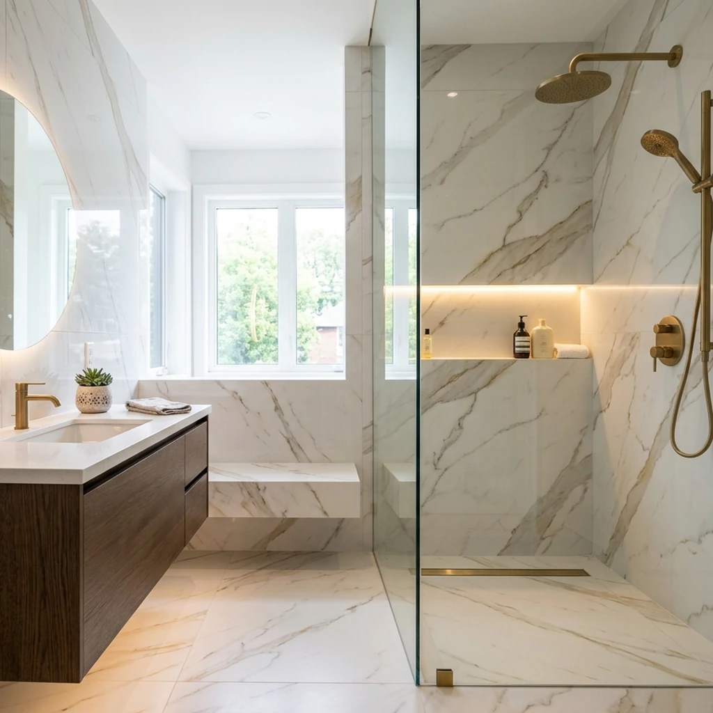 Curbless walk-in shower with Calacatta gold porcelain slabs, brass fixtures, and recessed niche