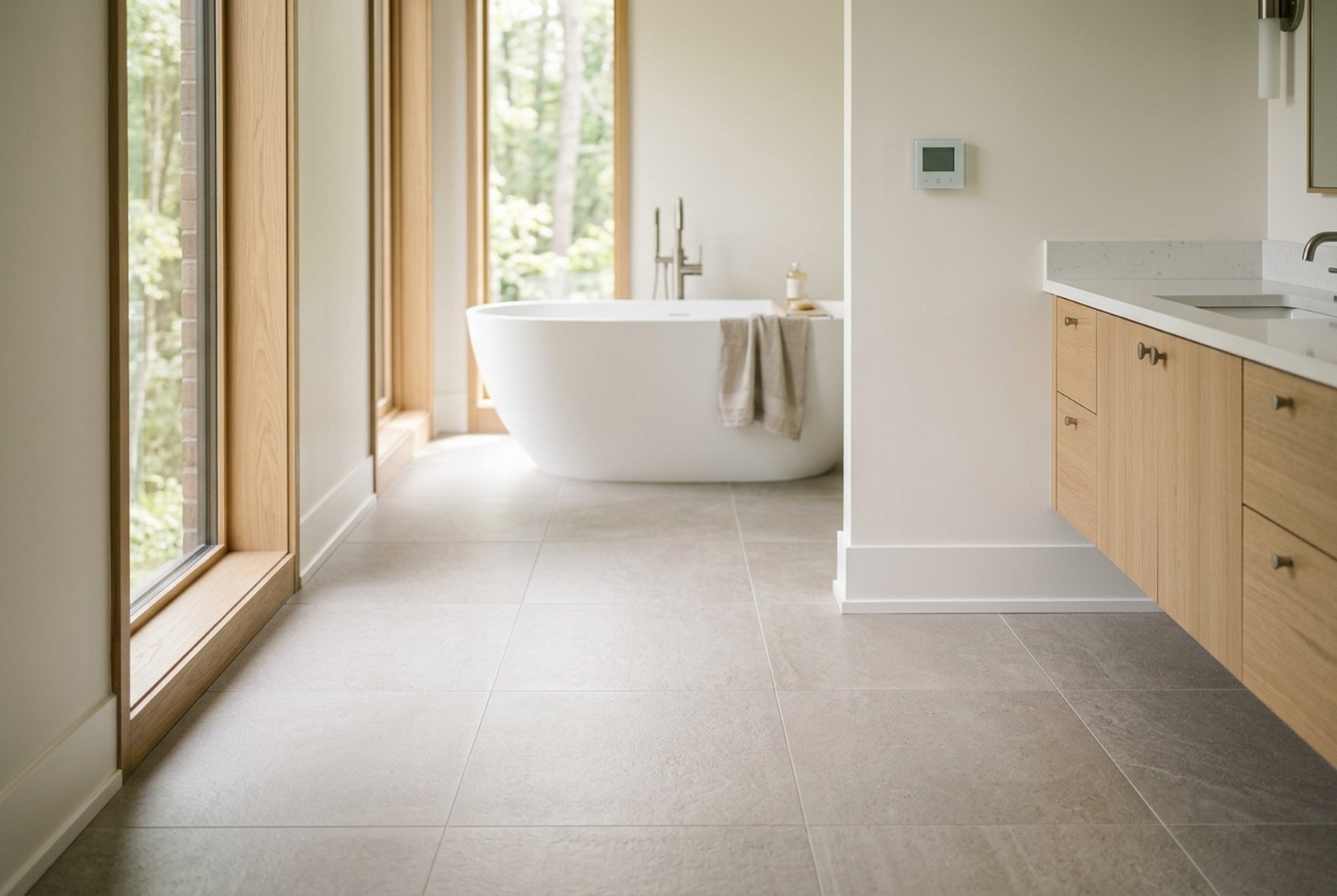 Bathroom with a tiled floor, freestanding tub and wall thermostat