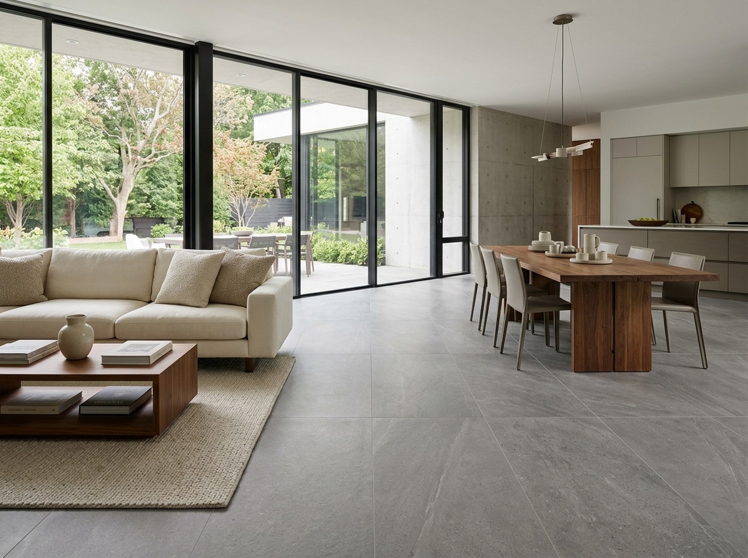Charcoal large-format porcelain floor through a modern living and dining room