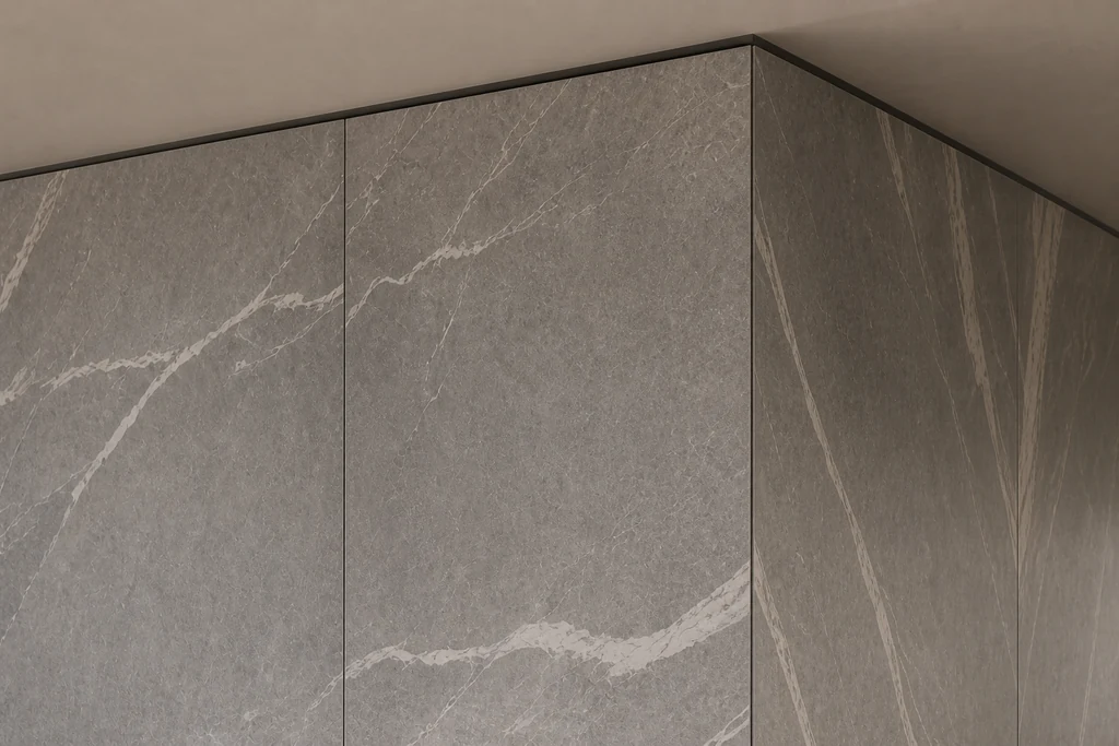 Porcelain panels meeting at an outside wall corner