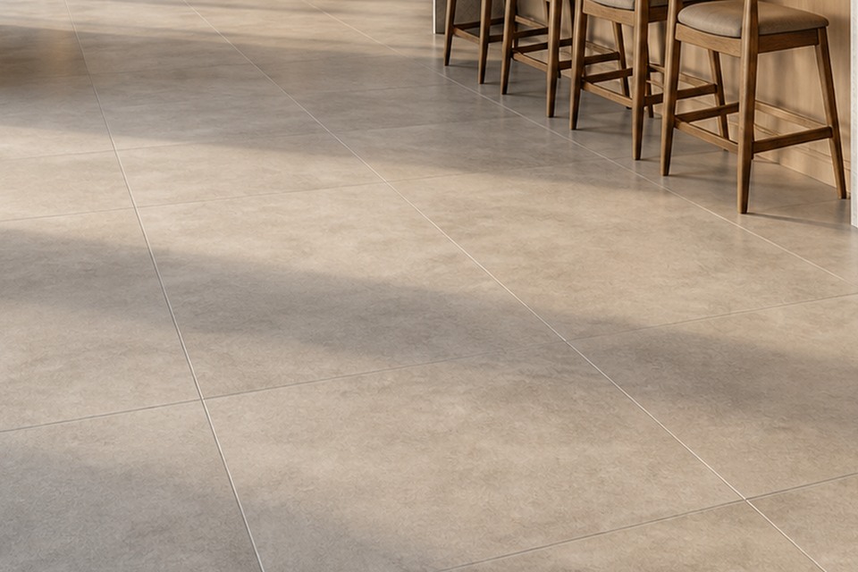 Close view of Brampton porcelain floor tile joint alignment and island base perimeter cuts