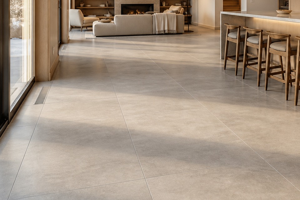 Detailed view of Brampton floor tile meeting doorway thresholds, baseboards and cabinetry