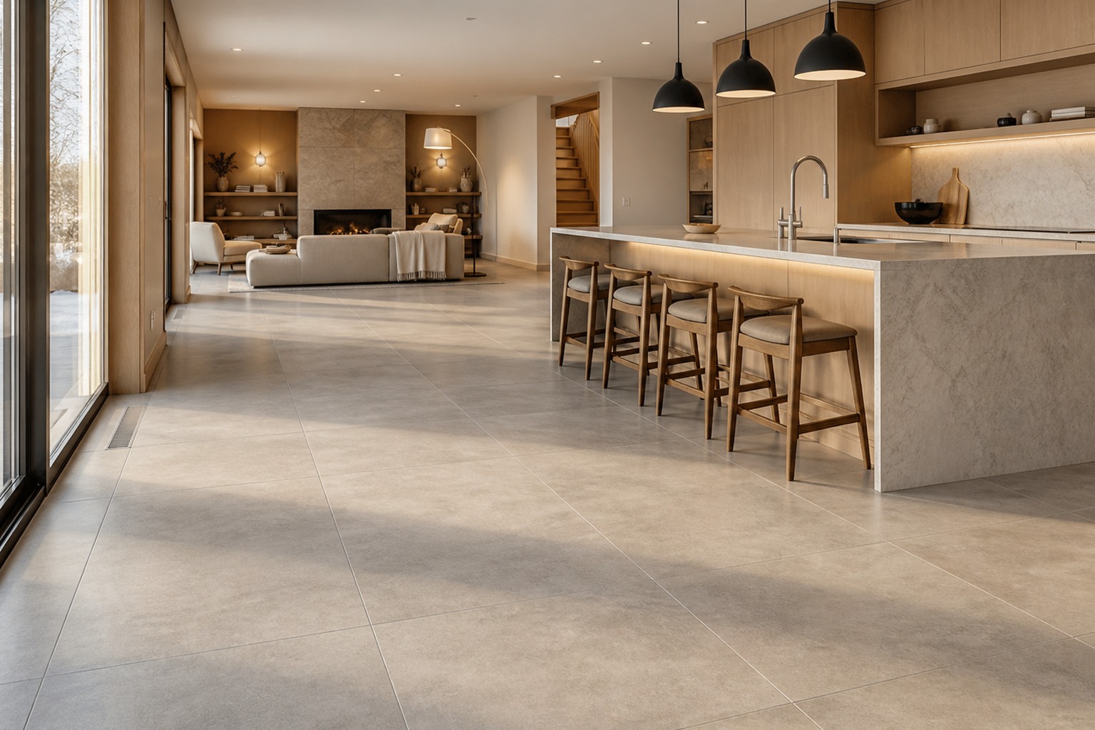 Tile installation in Brampton open-concept kitchen and hallway with warm beige large-format porcelain floor tile