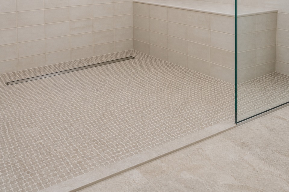 Close view of curbless shower floor transition, mosaic drainage slope and frameless glass channel