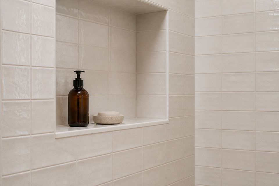 Detailed view of walk-in shower corner joints, recessed wall niche and plumbing valve cutouts