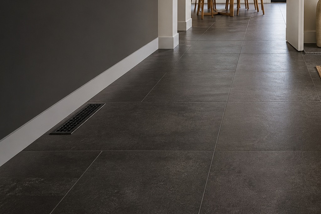 Detailed view for Floor Tile Installation showing tile cuts, grout joints and surface transitions