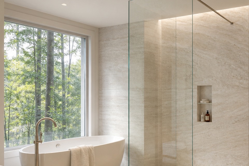 Close view of Grimsby shower tile corner alignment, recessed niche and fixture trim