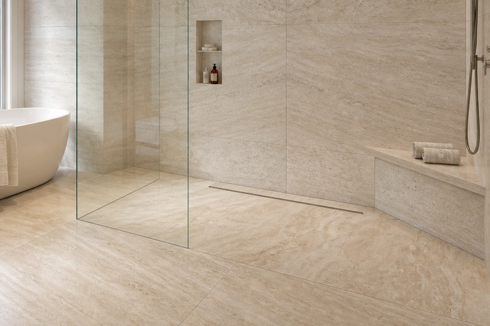 Detailed view of Grimsby bathroom floor tile cuts and shower threshold transition
