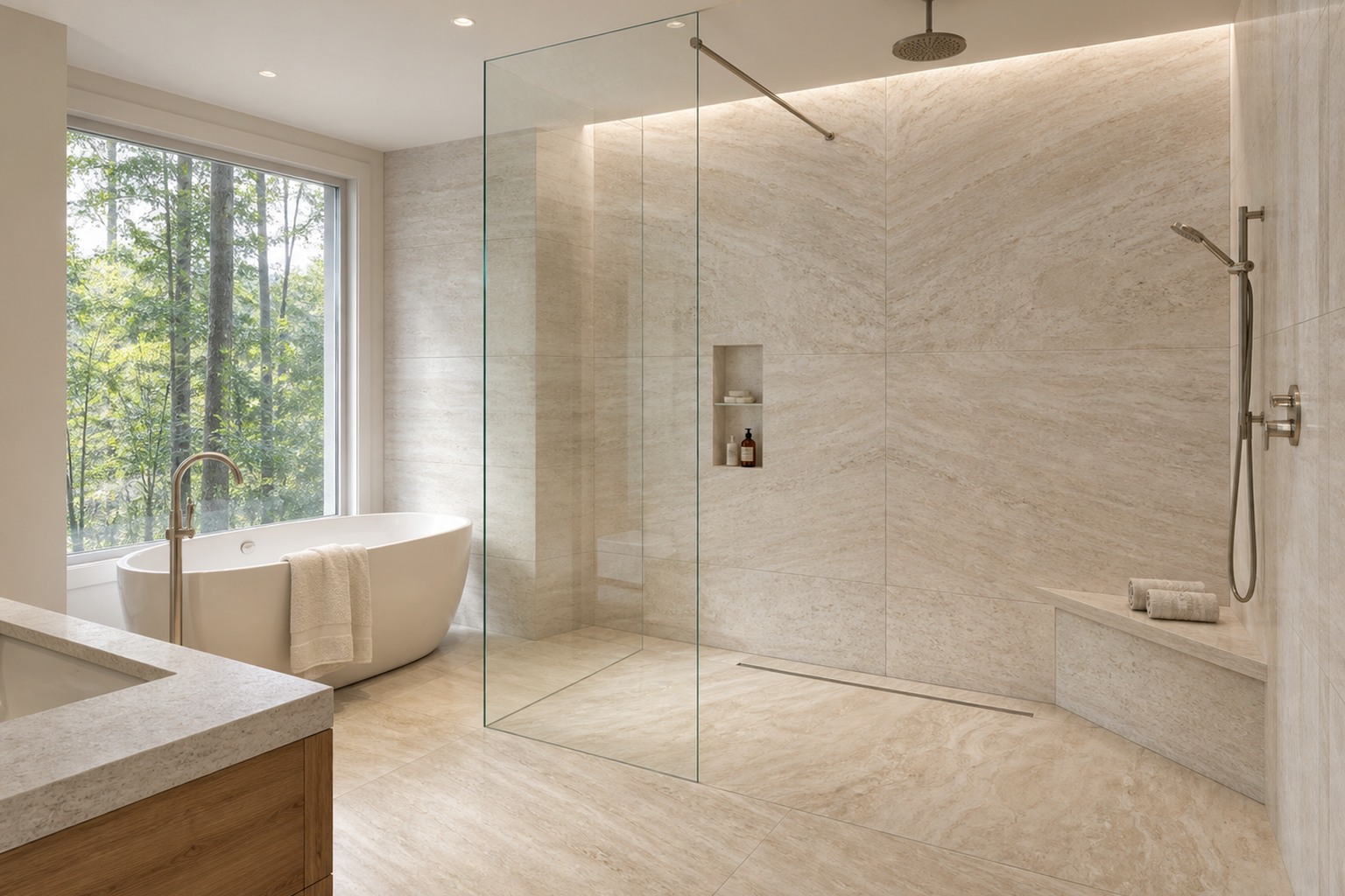Tile installation in Grimsby ensuite bathroom with warm stone-look porcelain shower walls and floor tile