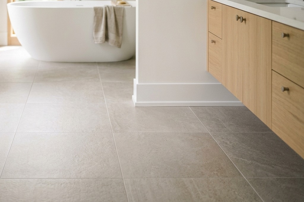 Detailed view for Heated Floor Tile Installation showing tile cuts, grout joints and surface transitions