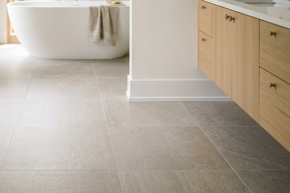 Detailed view for Heated Floor Tile Installation showing tile cuts, grout joints and surface transitions