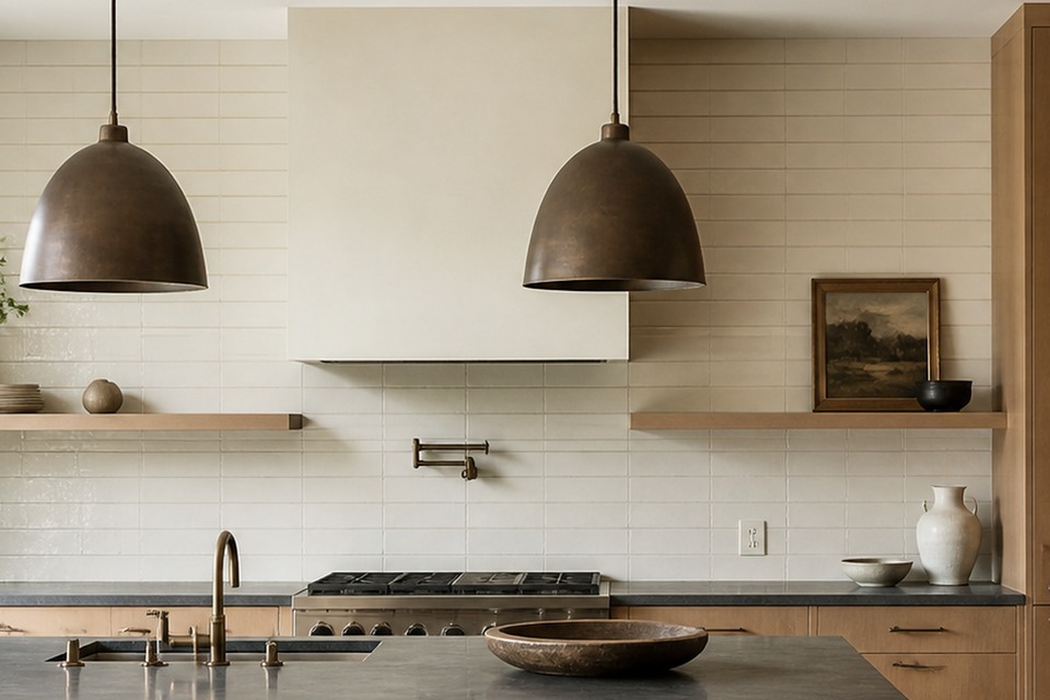 Close view of Kleinburg cream glazed backsplash tile joints meeting the stone countertop and range-hood alcove