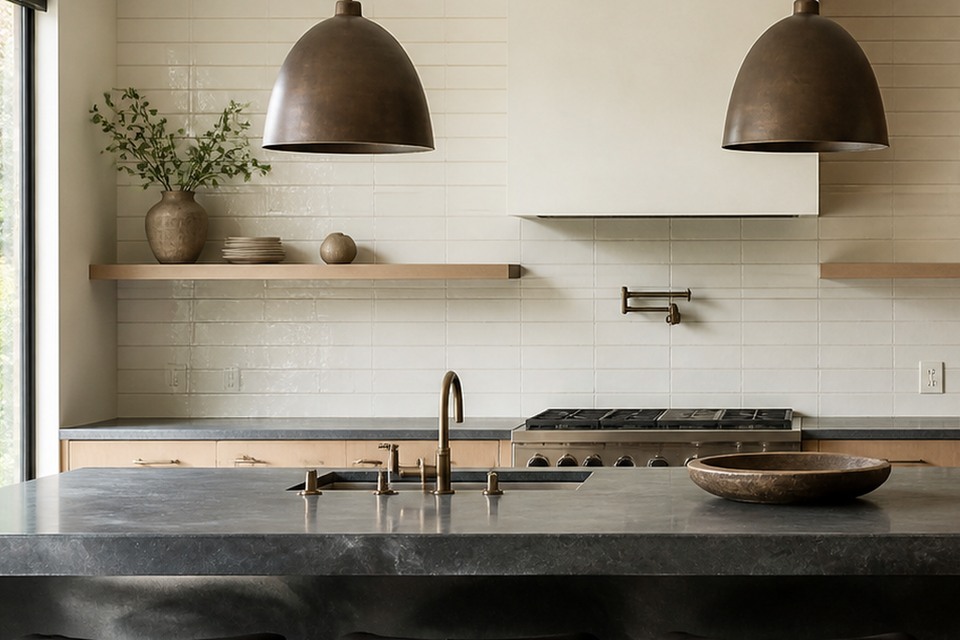 Detailed view of Kleinburg kitchen backsplash tile cuts along the perimeter stone counter and upper oak cabinetry