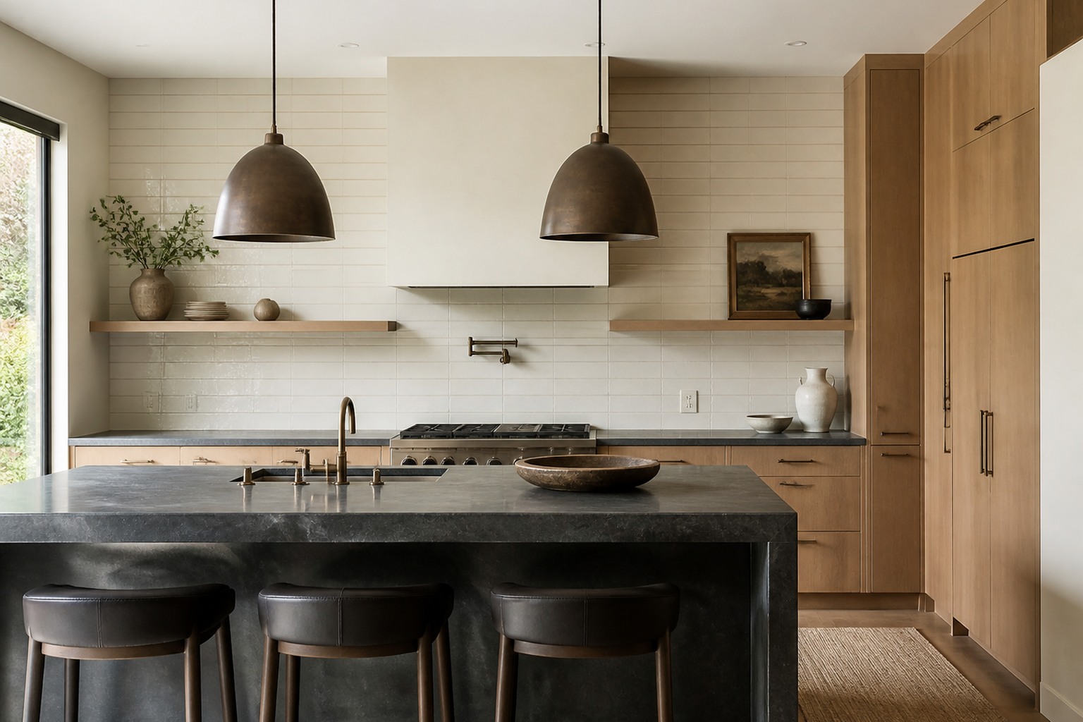 Tile installation in Kleinburg custom kitchen featuring cream handmade-look backsplash tile, range-hood surround and dark stone island