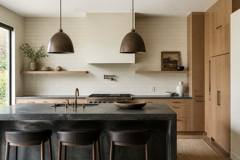 Tile installation in Kleinburg custom kitchen featuring cream handmade-look backsplash tile, range-hood surround and dark stone island