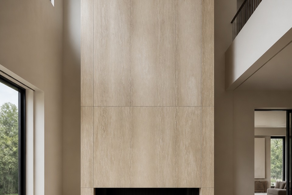 Detailed view of Vaughan large-format tile cuts meeting the ceiling plane and adjacent hardwood floor
